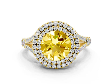 Yellow gold Round Cut Yellow Sapphire Double Halo Ring with Split Shank and Prong Setting_12