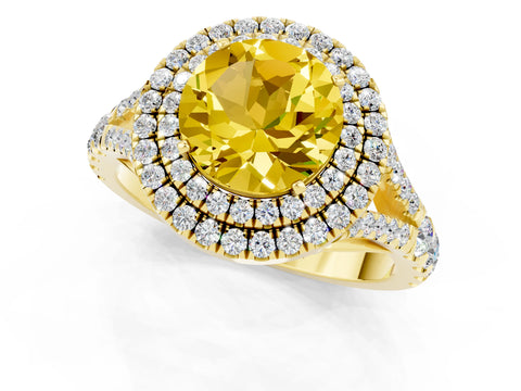 Yellow gold Round Cut Yellow Sapphire Double Halo Ring with Split Shank and Prong Setting_13