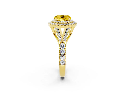 Yellow gold Round Cut Yellow Sapphire Double Halo Ring with Split Shank and Prong Setting_14