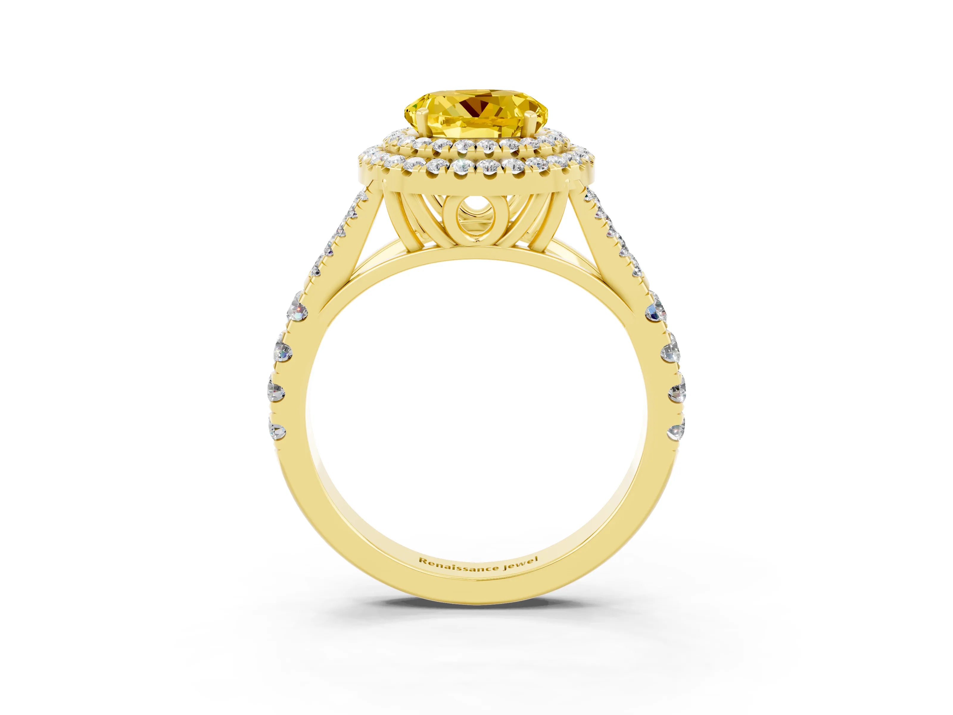 Yellow gold Round Cut Yellow Sapphire Double Halo Ring with Split Shank and Prong Setting_15