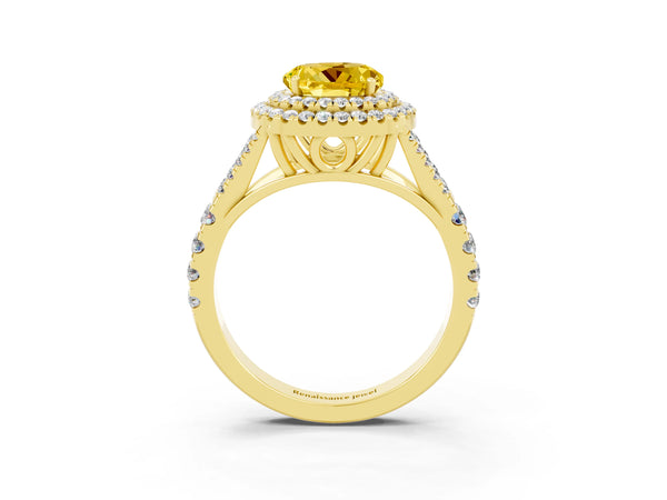 Yellow gold Round Cut Yellow Sapphire Double Halo Ring with Split Shank and Prong Setting