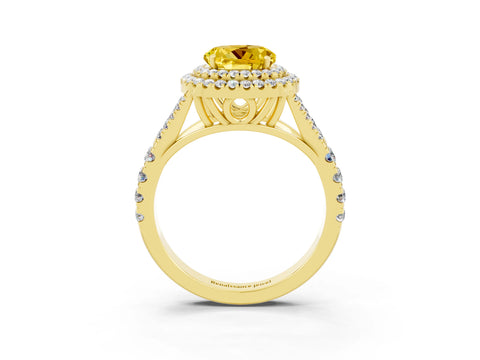 Yellow gold Round Cut Yellow Sapphire Double Halo Ring with Split Shank and Prong Setting_15
