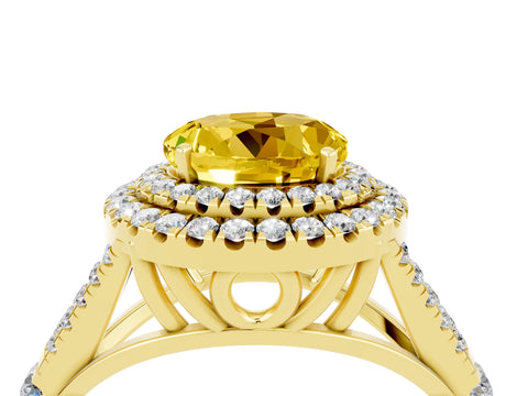Yellow gold Round Cut Yellow Sapphire Double Halo Ring with Split Shank and Prong Setting_16