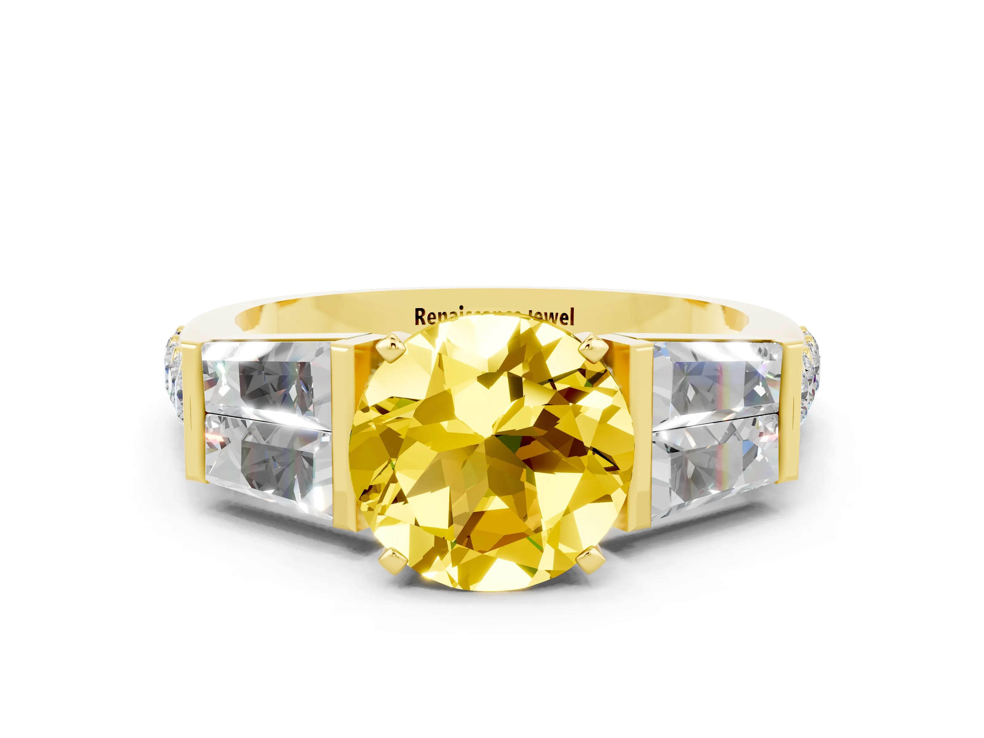 Yellow gold Round Cut Yellow Sapphire Engagement Ring with Baguette Side Stones and Channel Set Band