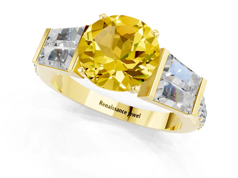 Yellow gold Round Cut Yellow Sapphire Engagement Ring with Baguette Side Stones and Channel Set Band_1