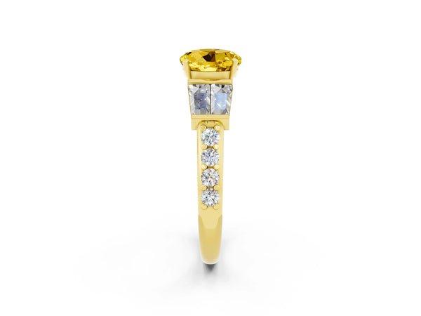 Yellow gold Round Cut Yellow Sapphire Engagement Ring with Baguette Side Stones and Channel Set Band