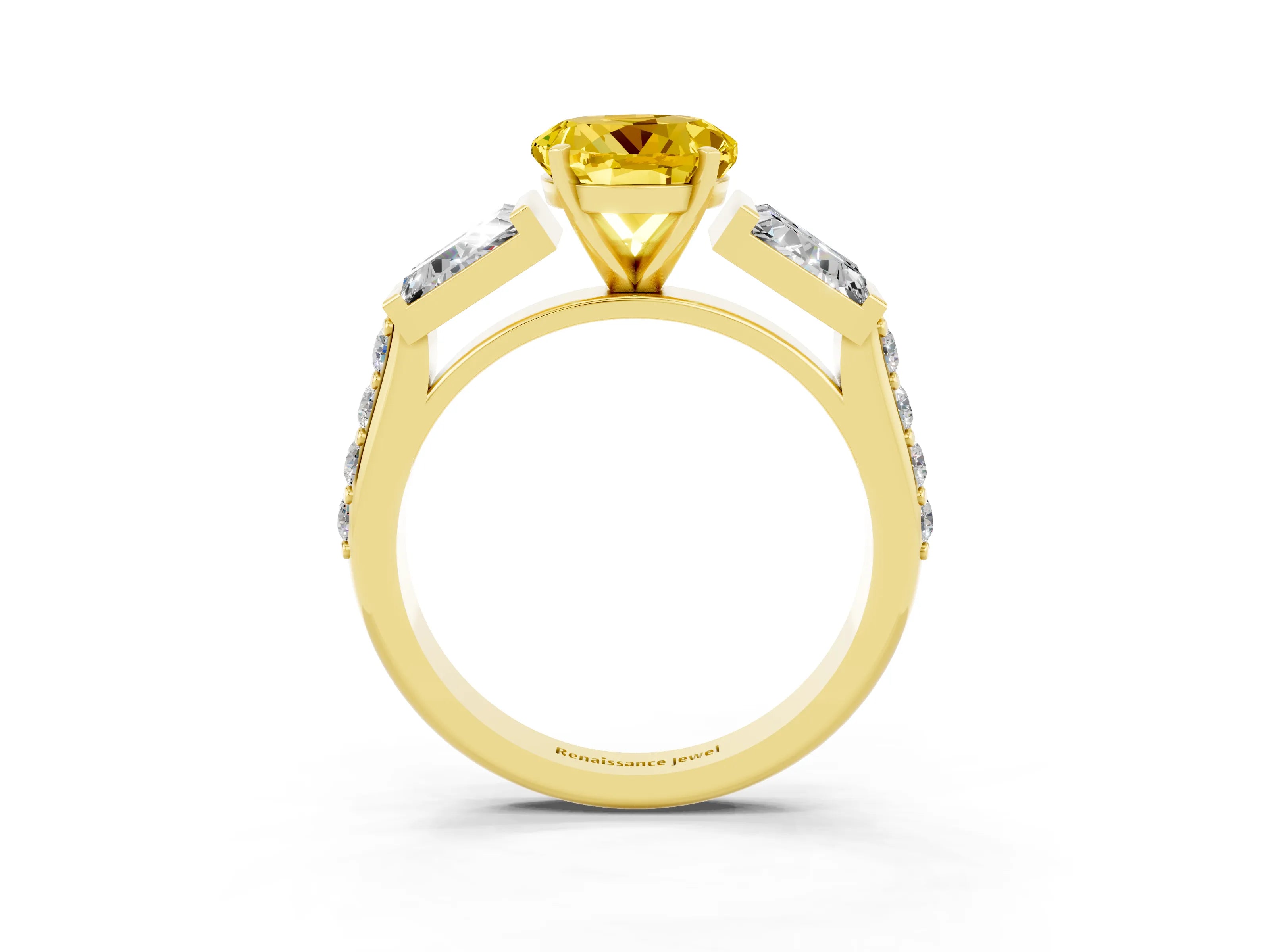 Yellow gold Round Cut Yellow Sapphire Engagement Ring with Baguette Side Stones and Channel Set Band_3