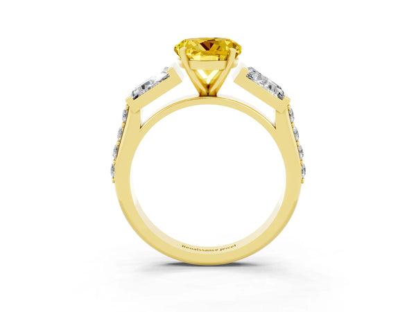 Yellow gold Round Cut Yellow Sapphire Engagement Ring with Baguette Side Stones and Channel Set Band