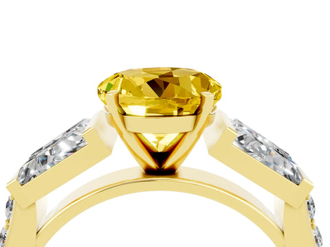 Yellow gold Round Cut Yellow Sapphire Engagement Ring with Baguette Side Stones and Channel Set Band_4
