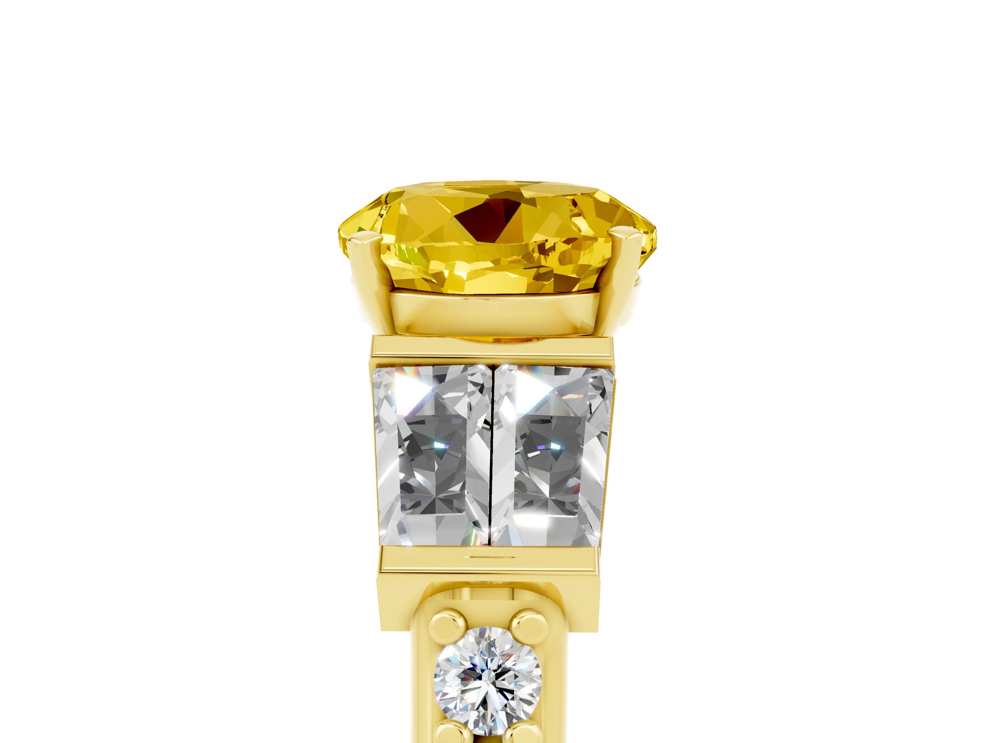 Yellow gold Round Cut Yellow Sapphire Engagement Ring with Baguette Side Stones and Channel Set Band_5