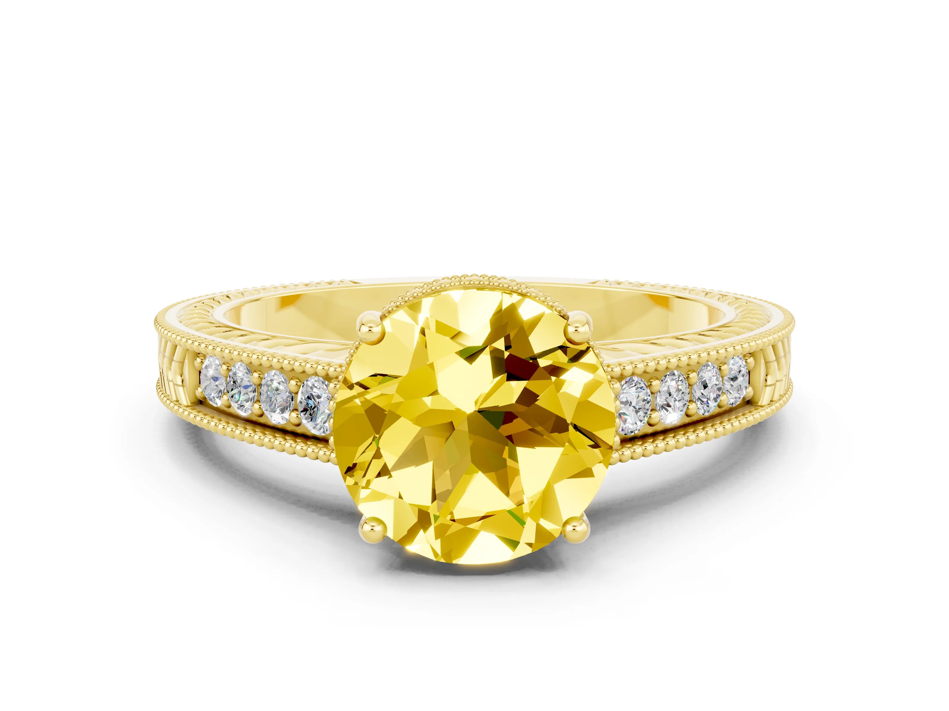 Yellow gold Round Cut Yellow Sapphire Engagement Ring with Milgrain Channel Set Band and Prong Setting_24