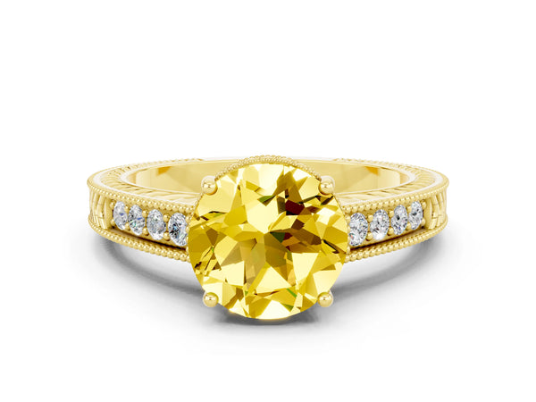 Yellow gold Round Cut Yellow Sapphire Engagement Ring with Milgrain Channel Set Band and Prong Setting