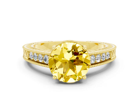 Yellow gold Round Cut Yellow Sapphire Engagement Ring with Milgrain Channel Set Band and Prong Setting_24