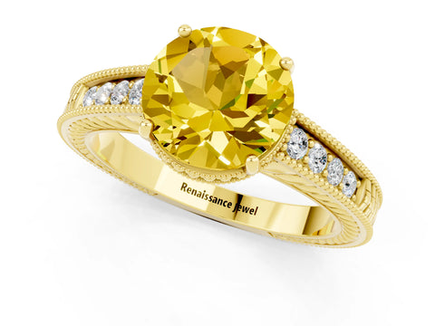 Yellow gold Round Cut Yellow Sapphire Engagement Ring with Milgrain Channel Set Band and Prong Setting_25