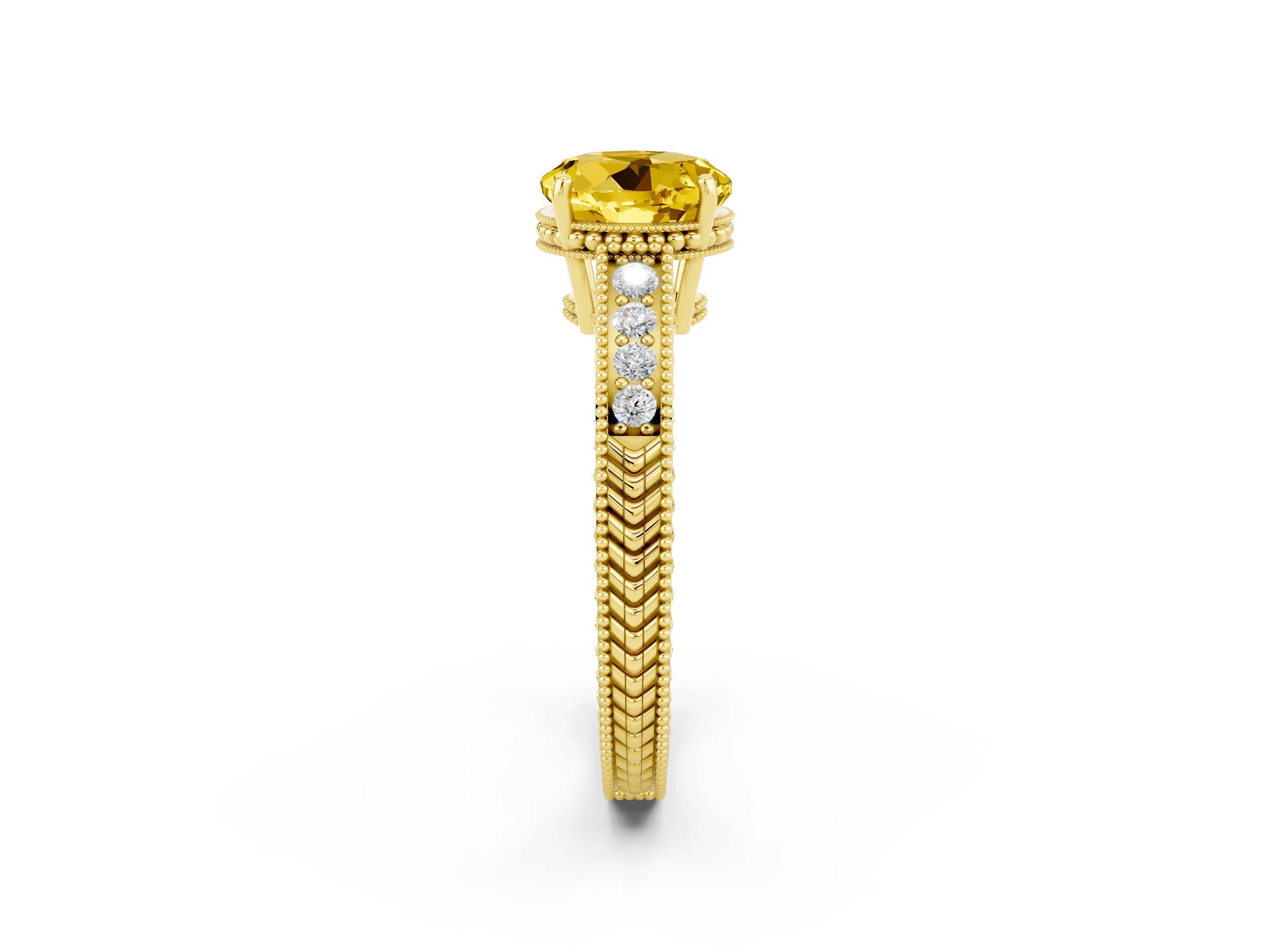 Yellow gold Round Cut Yellow Sapphire Engagement Ring with Milgrain Channel Set Band and Prong Setting_26