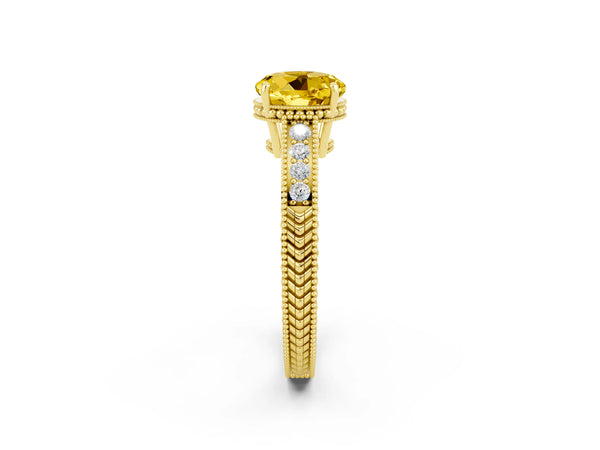 Yellow gold Round Cut Yellow Sapphire Engagement Ring with Milgrain Channel Set Band and Prong Setting
