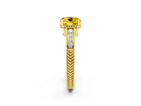 Yellow gold Round Cut Yellow Sapphire Engagement Ring with Milgrain Channel Set Band and Prong Setting_26