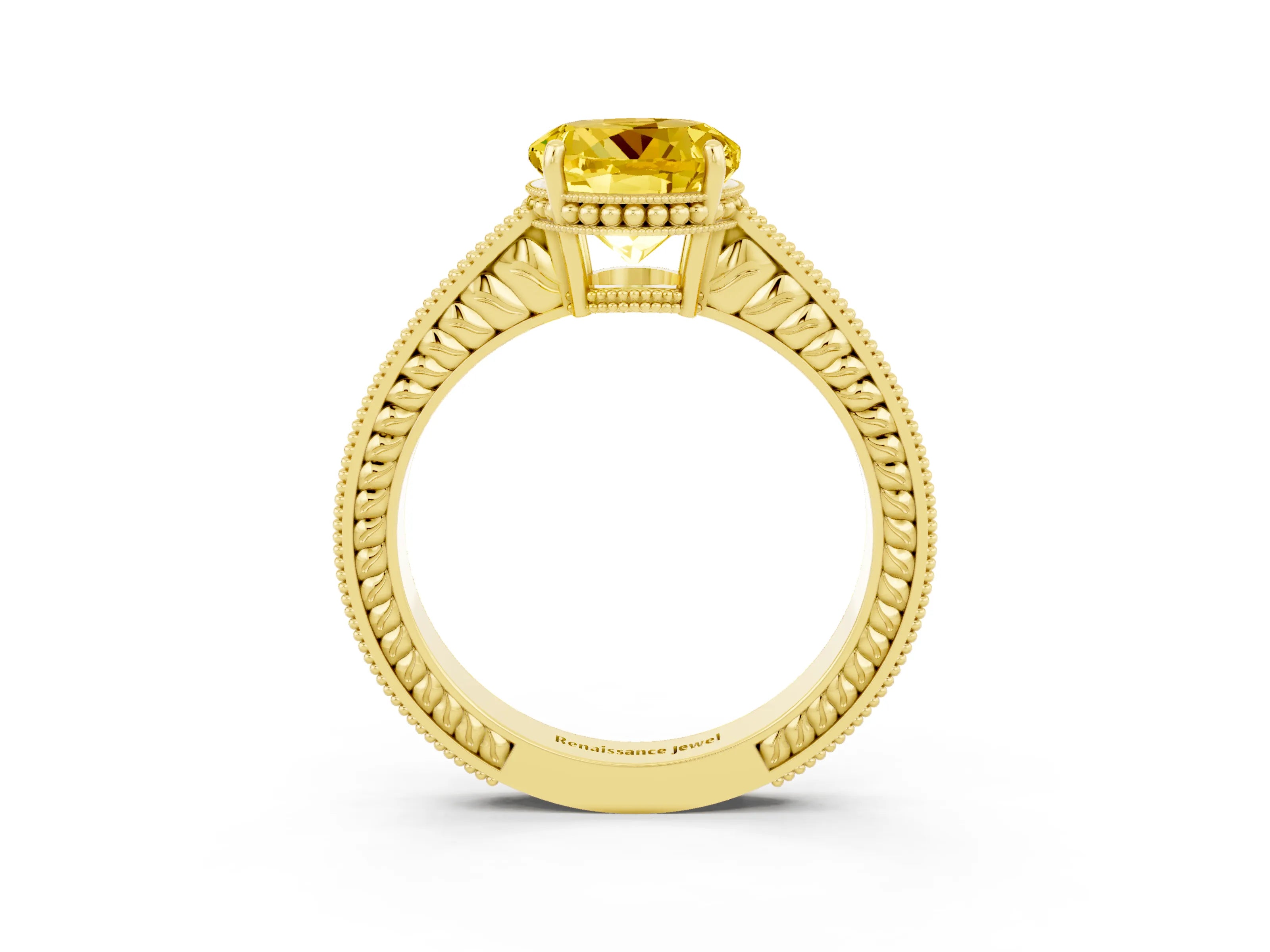 Yellow gold Round Cut Yellow Sapphire Engagement Ring with Milgrain Channel Set Band and Prong Setting_27