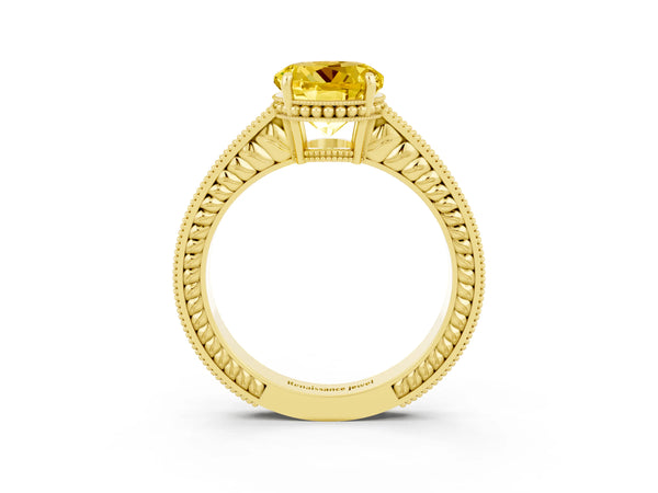 Yellow gold Round Cut Yellow Sapphire Engagement Ring with Milgrain Channel Set Band and Prong Setting