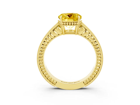 Yellow gold Round Cut Yellow Sapphire Engagement Ring with Milgrain Channel Set Band and Prong Setting_27