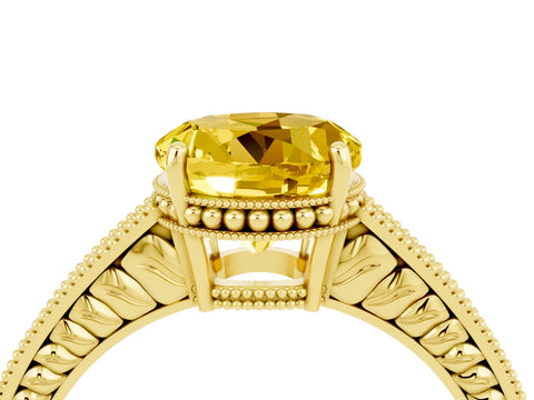 Yellow gold Round Cut Yellow Sapphire Engagement Ring with Milgrain Channel Set Band and Prong Setting_28