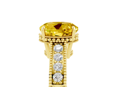 Yellow gold Round Cut Yellow Sapphire Engagement Ring with Milgrain Channel Set Band and Prong Setting_29