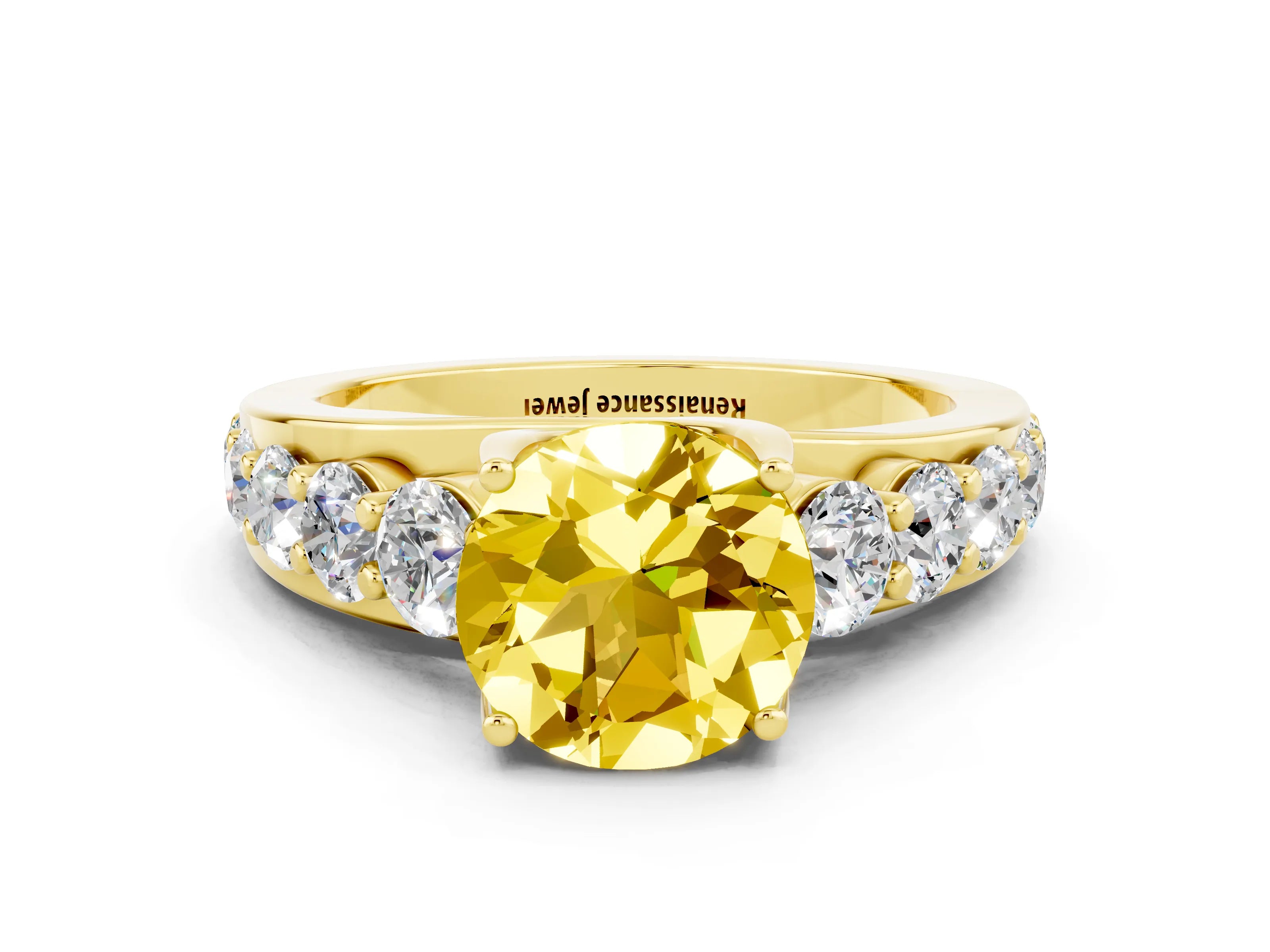 Yellow gold Round Cut Yellow Sapphire Engagement Ring with Pavé Band and Four-Prong Setting