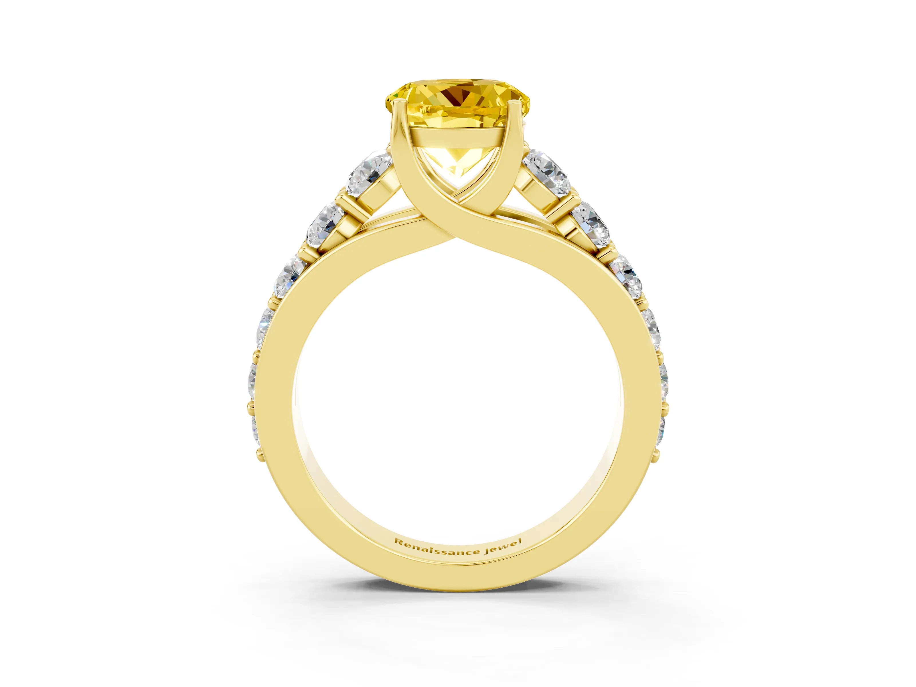 Yellow gold Round Cut Yellow Sapphire Engagement Ring with Pavé Band and Four-Prong Setting_3