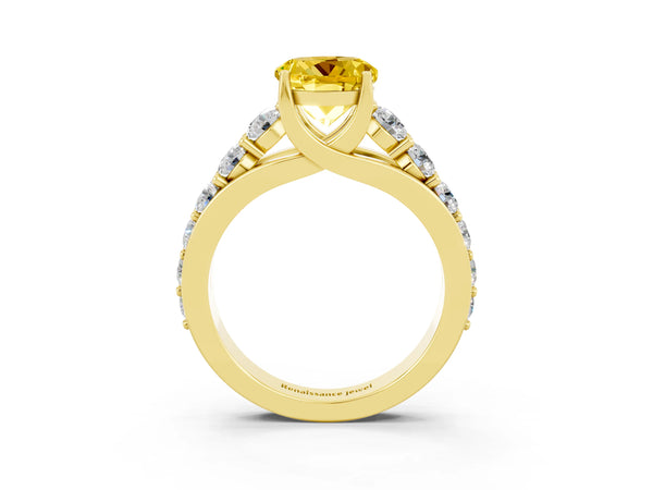 Yellow gold Round Cut Yellow Sapphire Engagement Ring with Pavé Band and Four-Prong Setting
