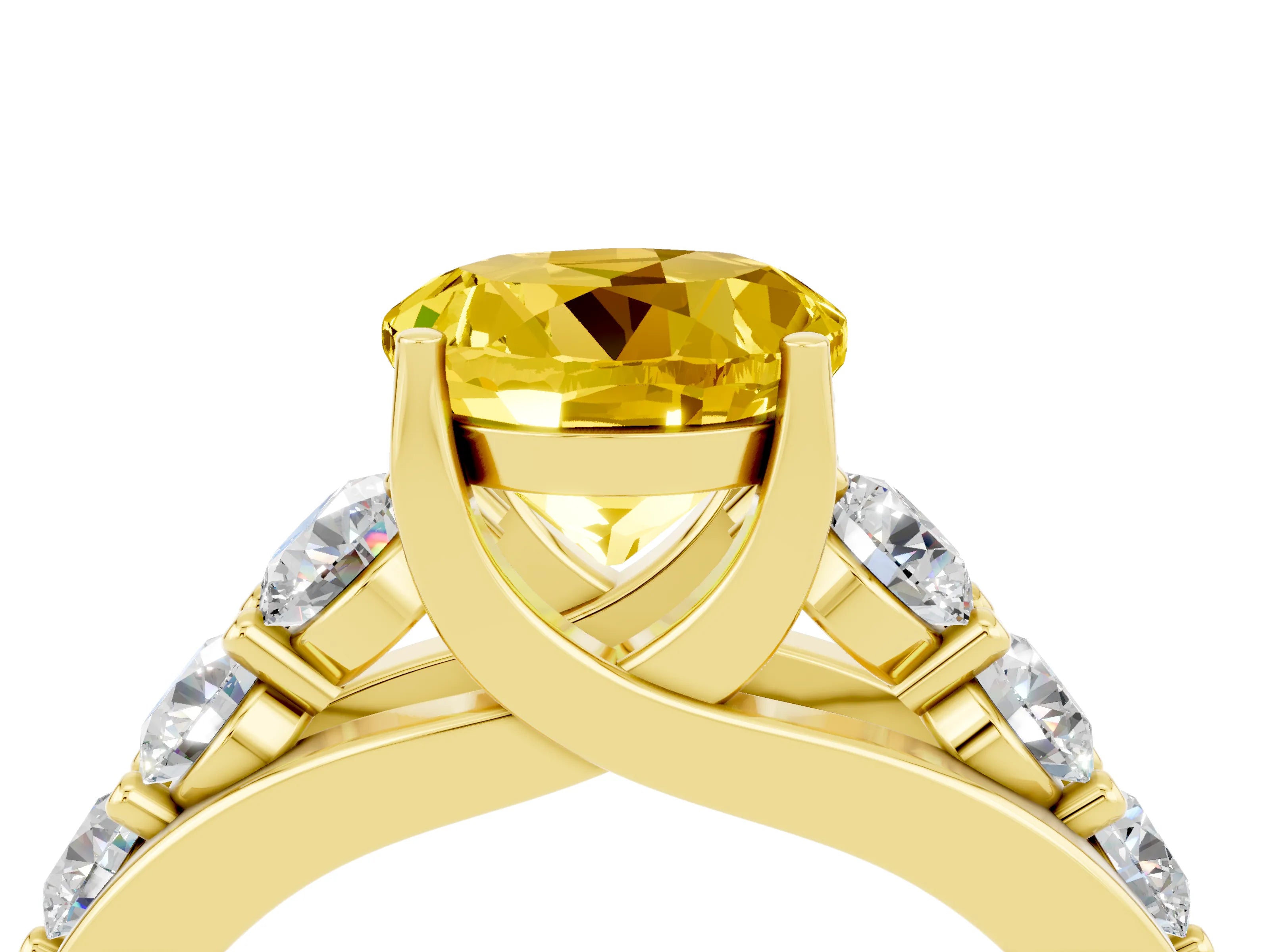 Yellow gold Round Cut Yellow Sapphire Engagement Ring with Pavé Band and Four-Prong Setting_4