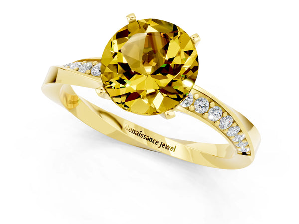 Yellow gold Round Cut Yellow Sapphire Engagement Ring with Side Stone Accents and Four-Prong Setting
