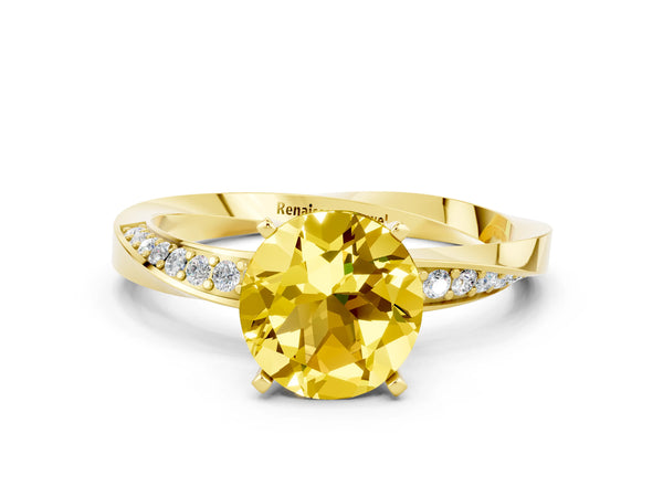 Yellow gold Round Cut Yellow Sapphire Engagement Ring with Side Stone Accents and Four-Prong Setting