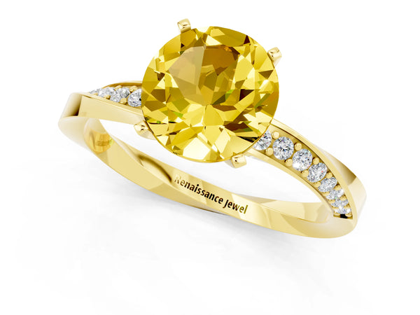 Yellow gold Round Cut Yellow Sapphire Engagement Ring with Side Stone Accents and Four-Prong Setting