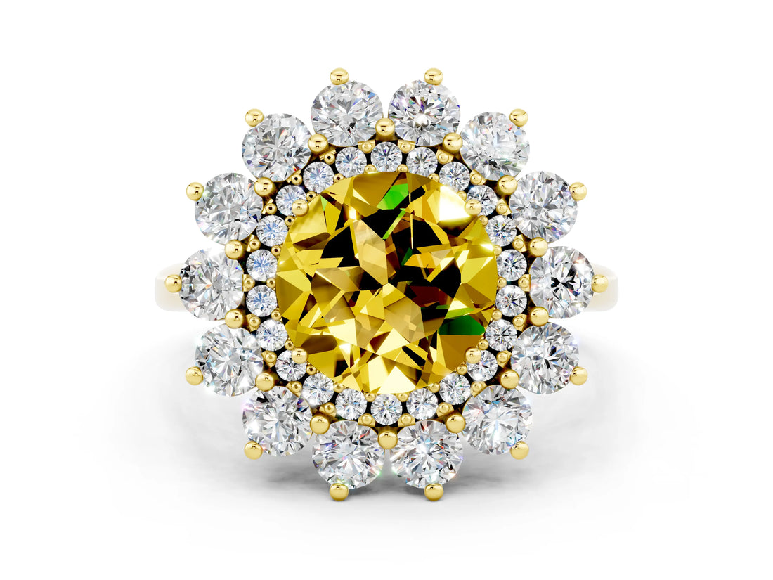 Yellow gold Round Cut Yellow Sapphire Floral Double Halo Engagement Ring with Prong Setting_60