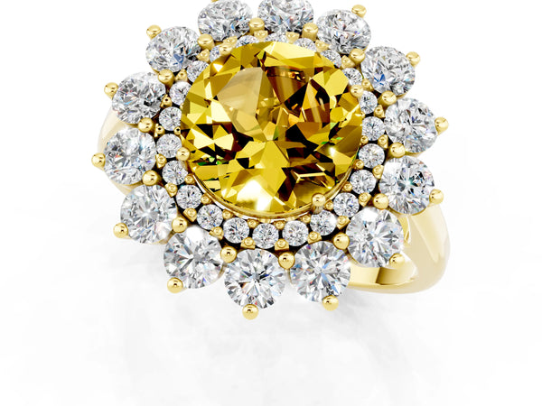 Yellow gold Round Cut Yellow Sapphire Floral Double Halo Engagement Ring with Prong Setting