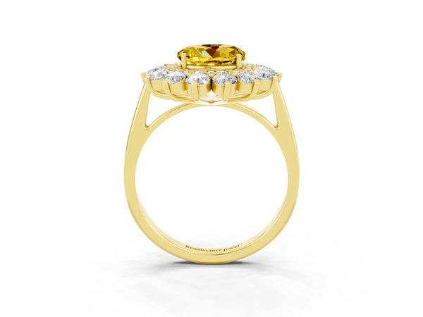 Yellow gold Round Cut Yellow Sapphire Floral Double Halo Engagement Ring with Prong Setting