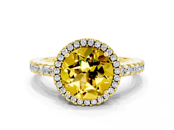 Yellow gold Round Cut Yellow Sapphire Halo Engagement Ring with Pavé Band and Prong Setting