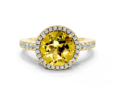 Yellow gold Round Cut Yellow Sapphire Halo Engagement Ring with Pavé Band and Prong Setting_12