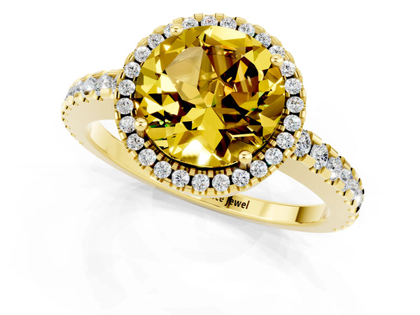Yellow gold Round Cut Yellow Sapphire Halo Engagement Ring with Pavé Band and Prong Setting