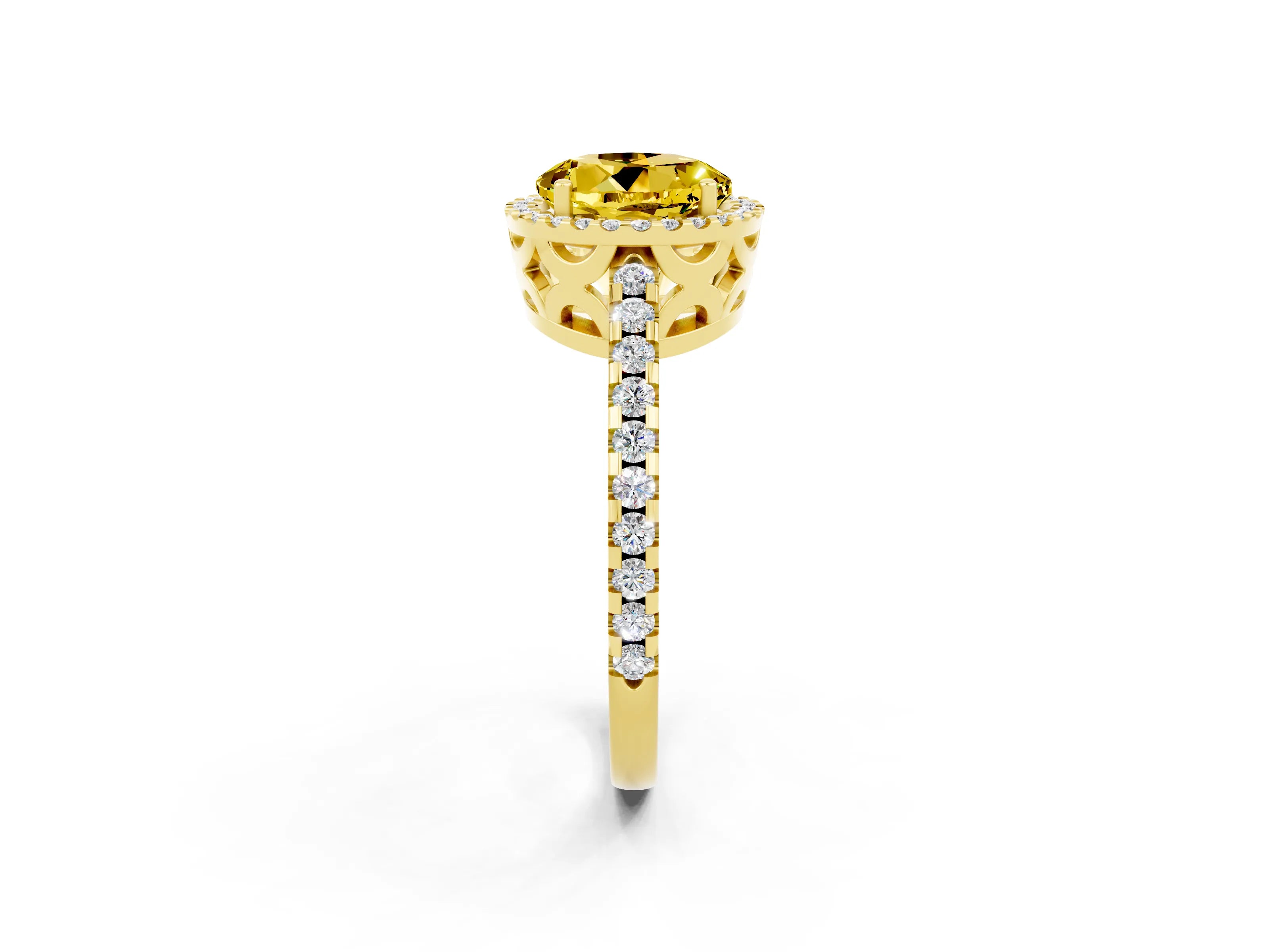 Yellow gold Round Cut Yellow Sapphire Halo Engagement Ring with Pavé Band and Prong Setting_14