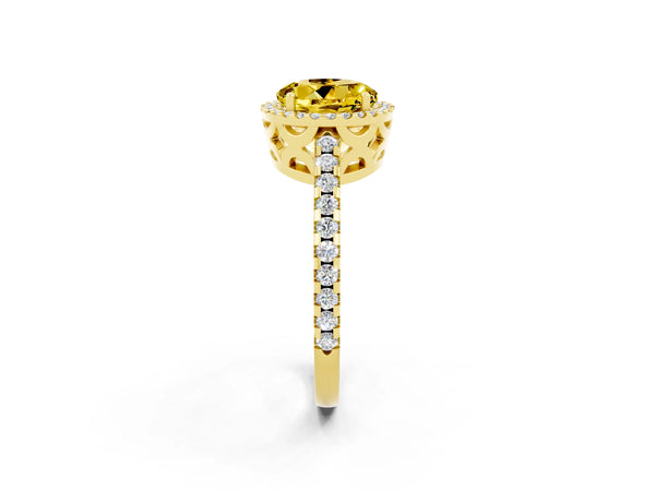 Yellow gold Round Cut Yellow Sapphire Halo Engagement Ring with Pavé Band and Prong Setting
