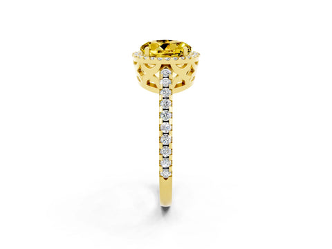 Yellow gold Round Cut Yellow Sapphire Halo Engagement Ring with Pavé Band and Prong Setting_14