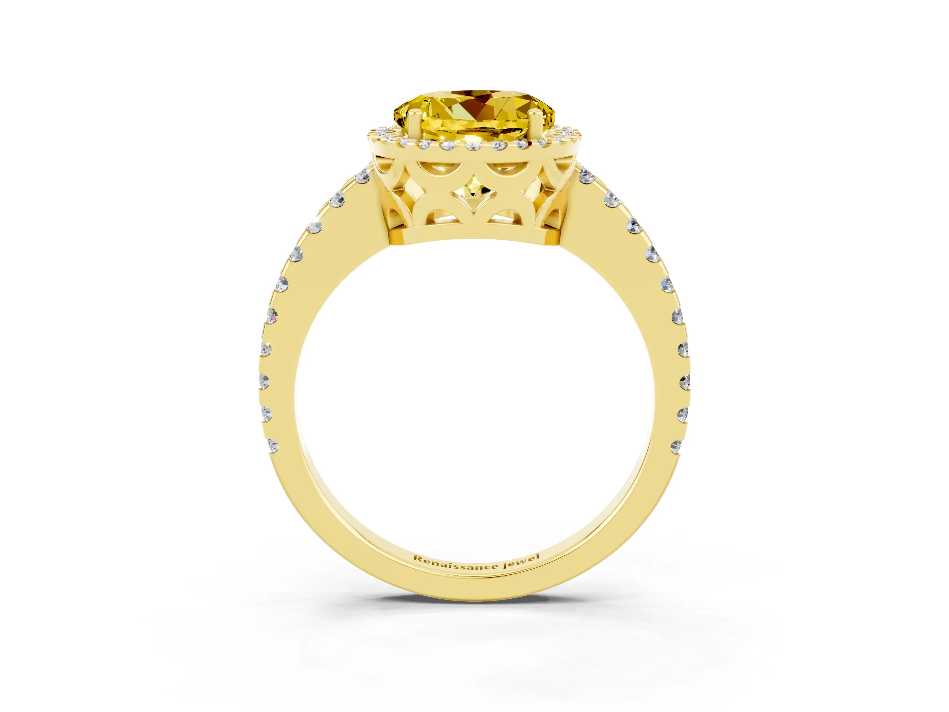 Yellow gold Round Cut Yellow Sapphire Halo Engagement Ring with Pavé Band and Prong Setting_15