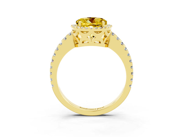 Yellow gold Round Cut Yellow Sapphire Halo Engagement Ring with Pavé Band and Prong Setting