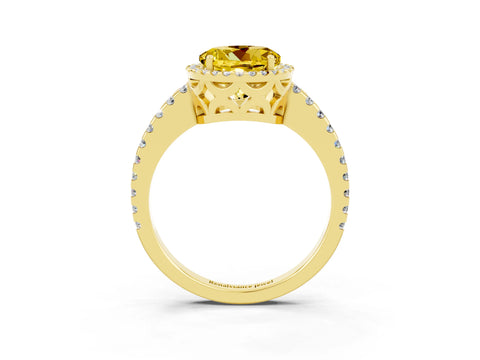 Yellow gold Round Cut Yellow Sapphire Halo Engagement Ring with Pavé Band and Prong Setting_15
