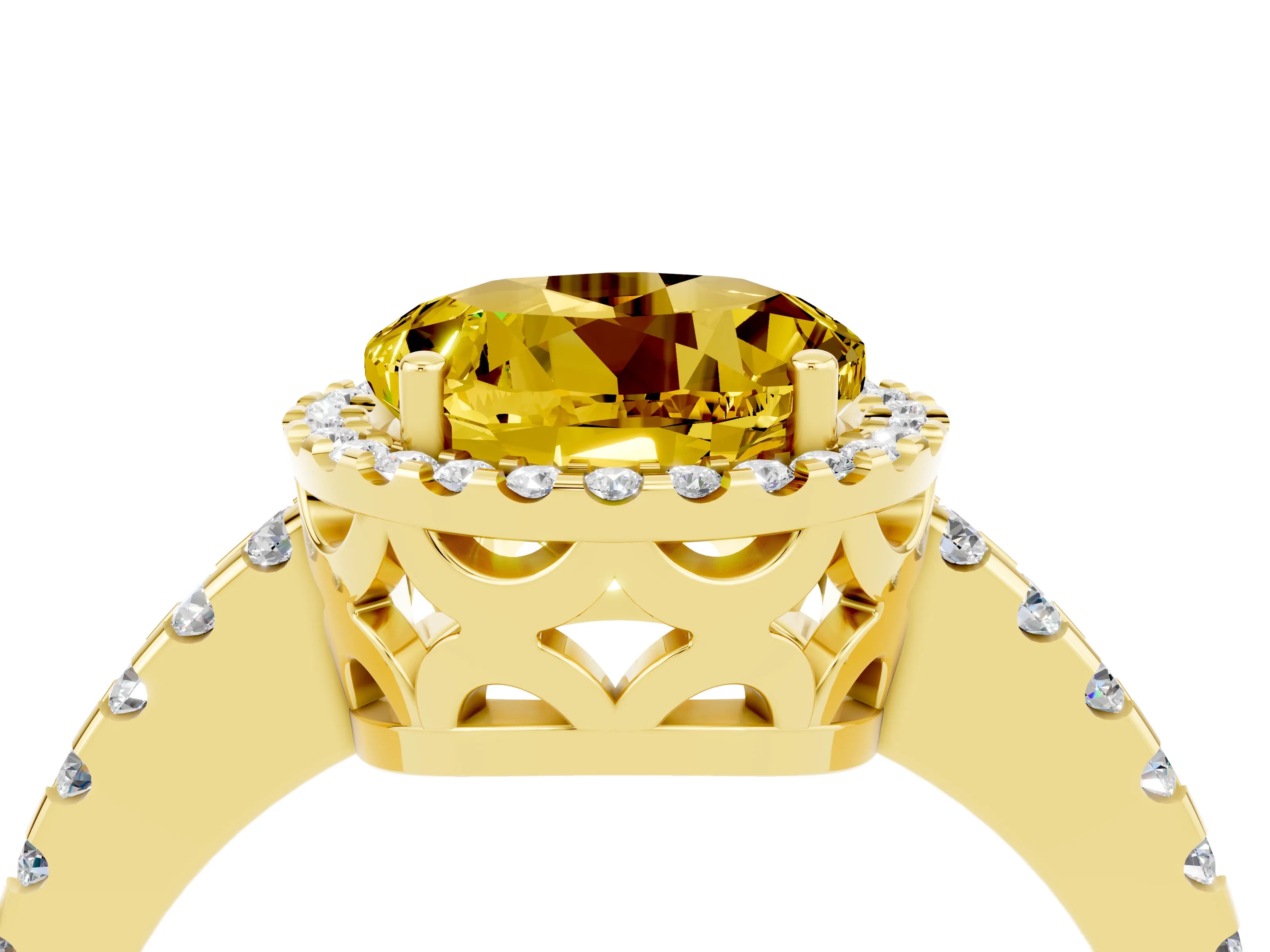 Yellow gold Round Cut Yellow Sapphire Halo Engagement Ring with Pavé Band and Prong Setting_16