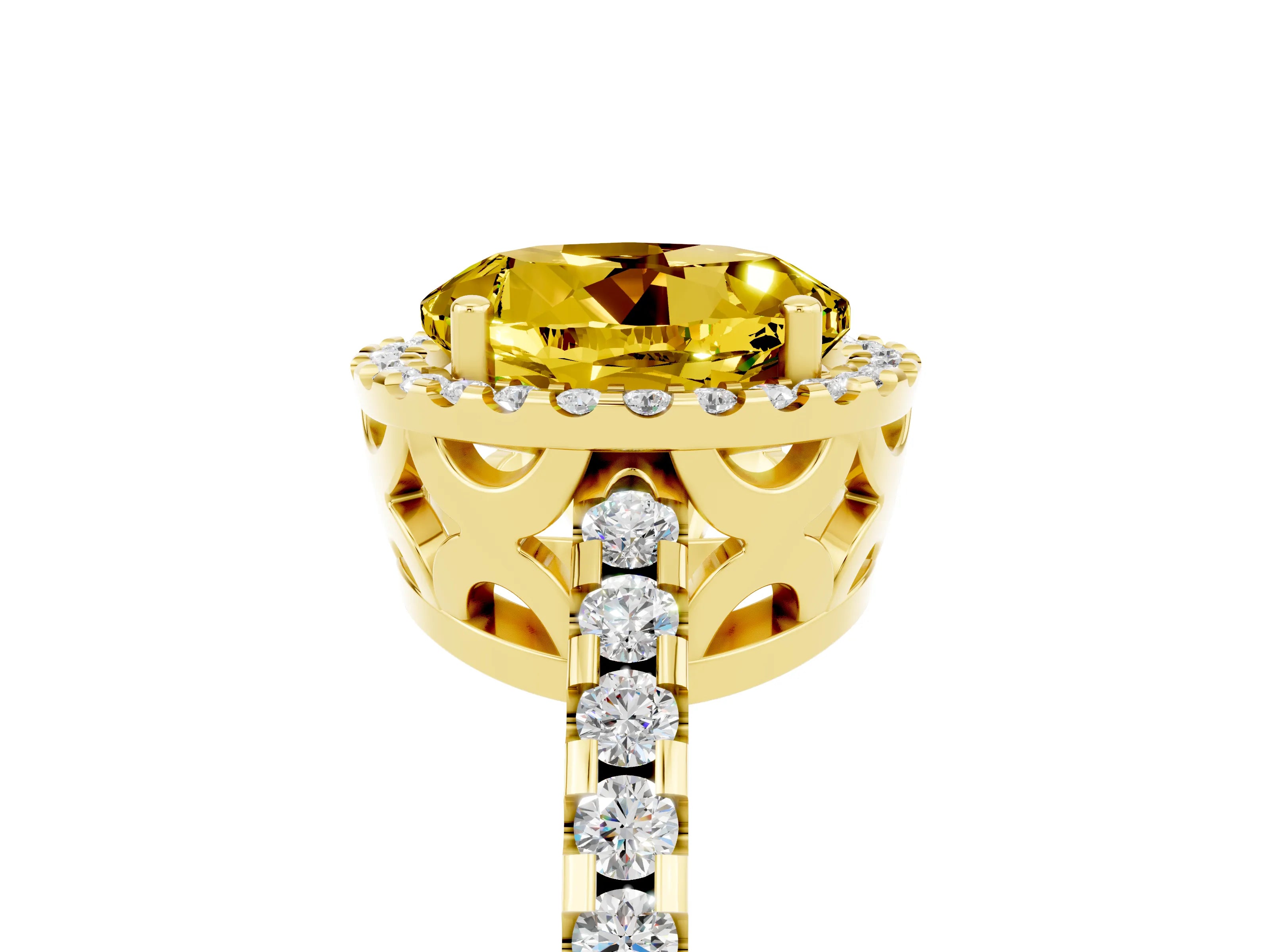 Yellow gold Round Cut Yellow Sapphire Halo Engagement Ring with Pavé Band and Prong Setting_17