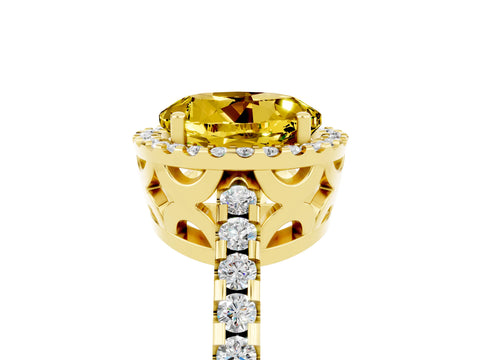 Yellow gold Round Cut Yellow Sapphire Halo Engagement Ring with Pavé Band and Prong Setting_17
