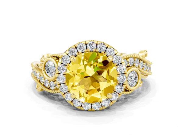 Yellow gold Round Cut Yellow Sapphire Halo Ring with Milgrain Pavé Band and Four-Prong Setting