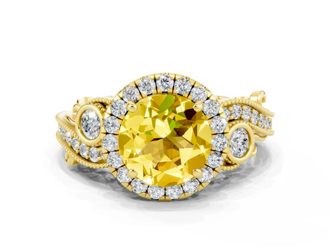 Yellow gold Round Cut Yellow Sapphire Halo Ring with Milgrain Pavé Band and Four-Prong Setting_12